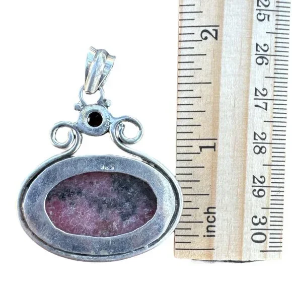 Rhodonite & Garnet Solid 925 Sterling Silver Pendant - Picture 3 of 3